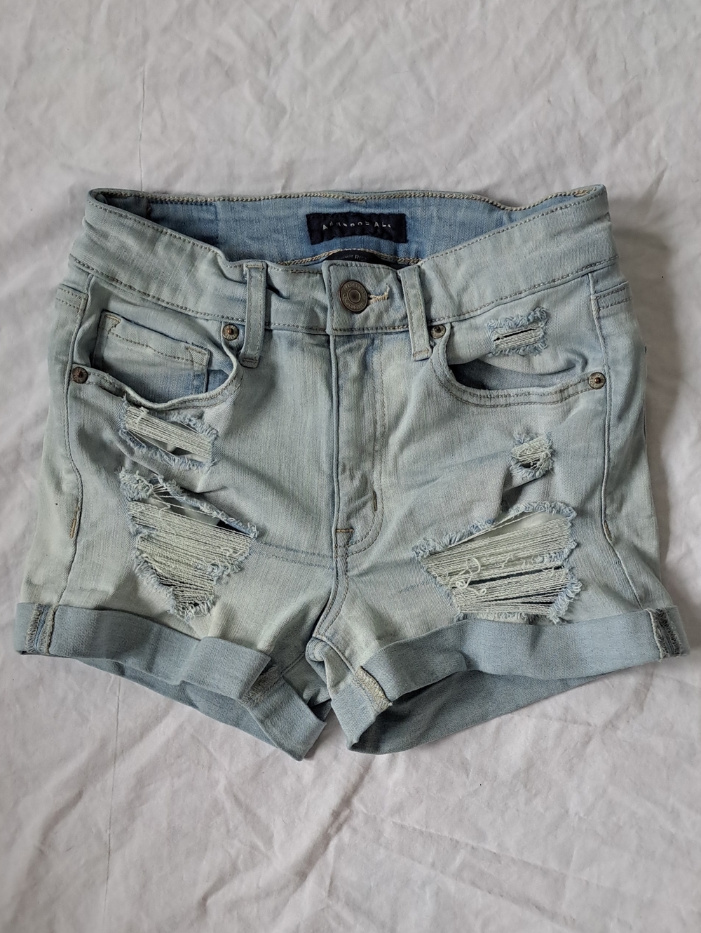 Aeropostale High Rise Midi Light Blue Denim Shorts Distressed Roll Hem Thrash 2